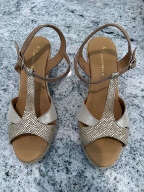 Anthropologie Champagne Metallic T-Strap Wedge Sandals